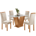 Conjunto de Mesa de Jantar com Tampo de Vidro e 4 Cadeiras