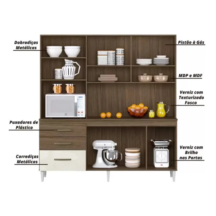Cozinha Compacta 7 Portas 3 Gavetas Mirela Âmbar e Off White - Imagem 3