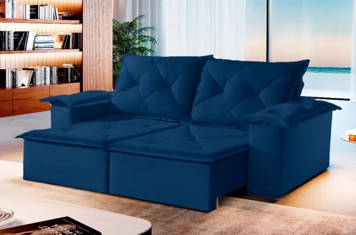 Sofá 3 Lugares Retrátil e Reclinável Madri Veludo Azul - Imagem 1